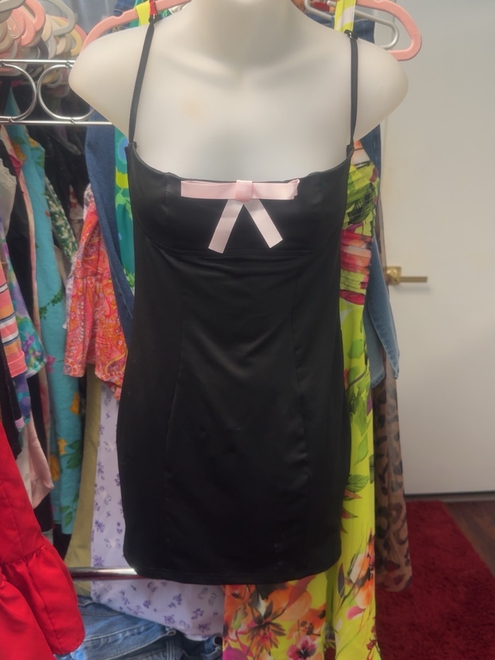 Edikted Black Satin Slip Dress with Pink Bow
